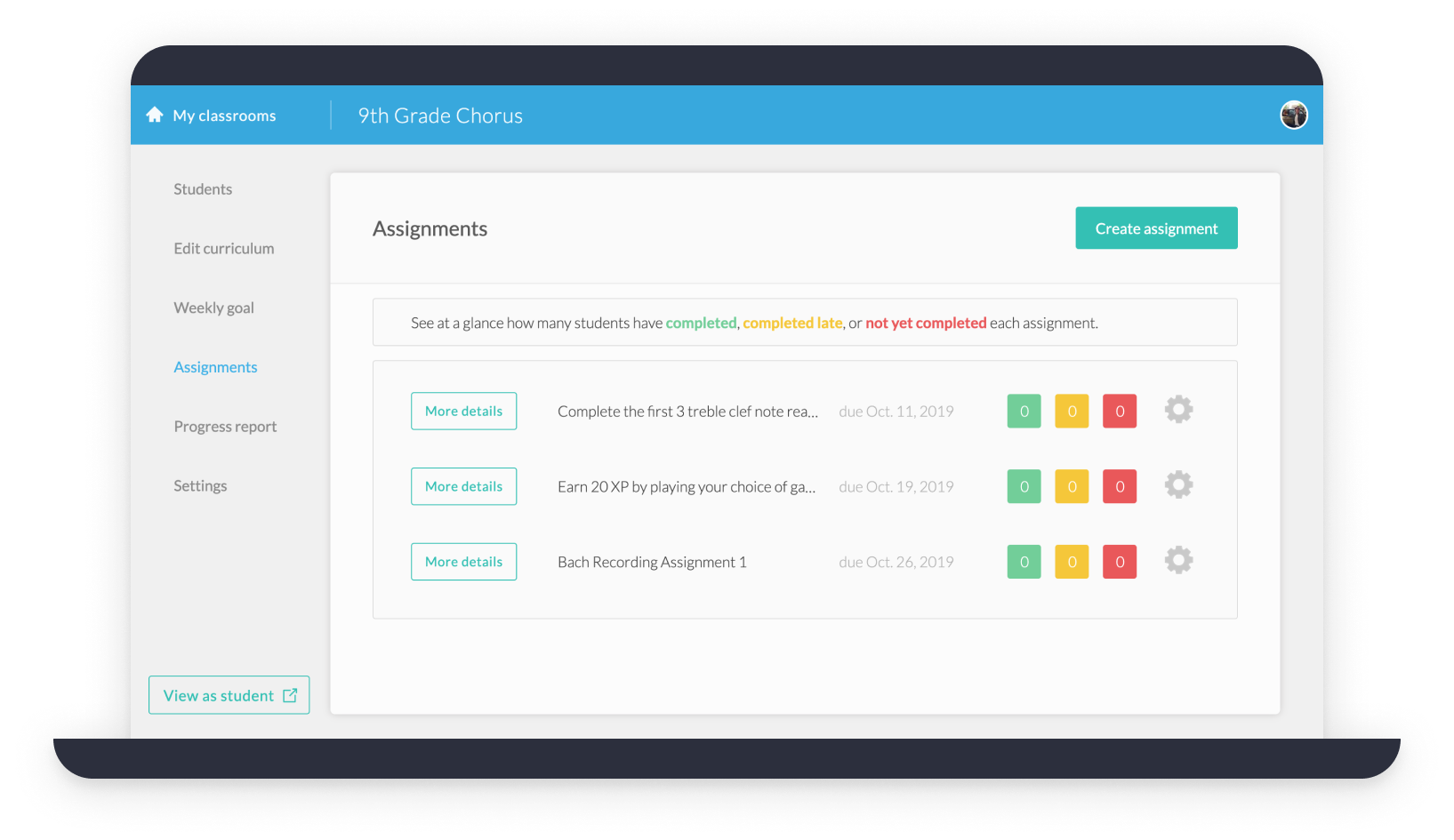 Tunelark classroom assignments dashboard showing assignments with due dates and completion counts for a 9th grade chorus