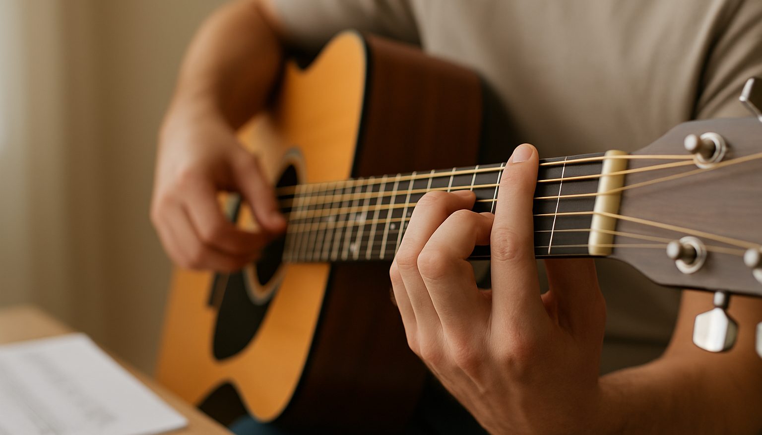 Close-up of a beginner forming a G major chord on an acoustic guitar, with sheet music in the background