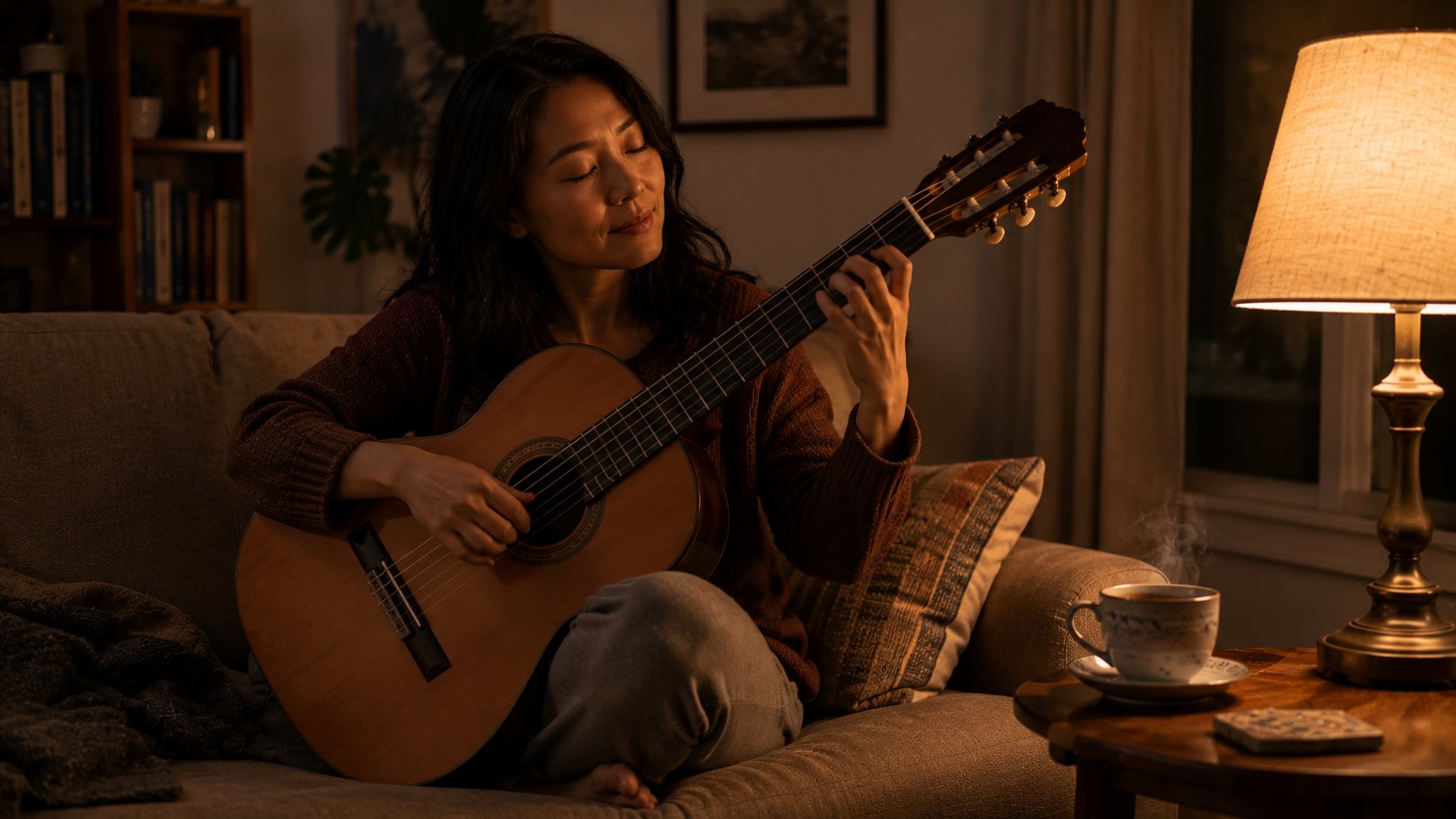 Adult unwinding with classical guitar in the warm evening light at home