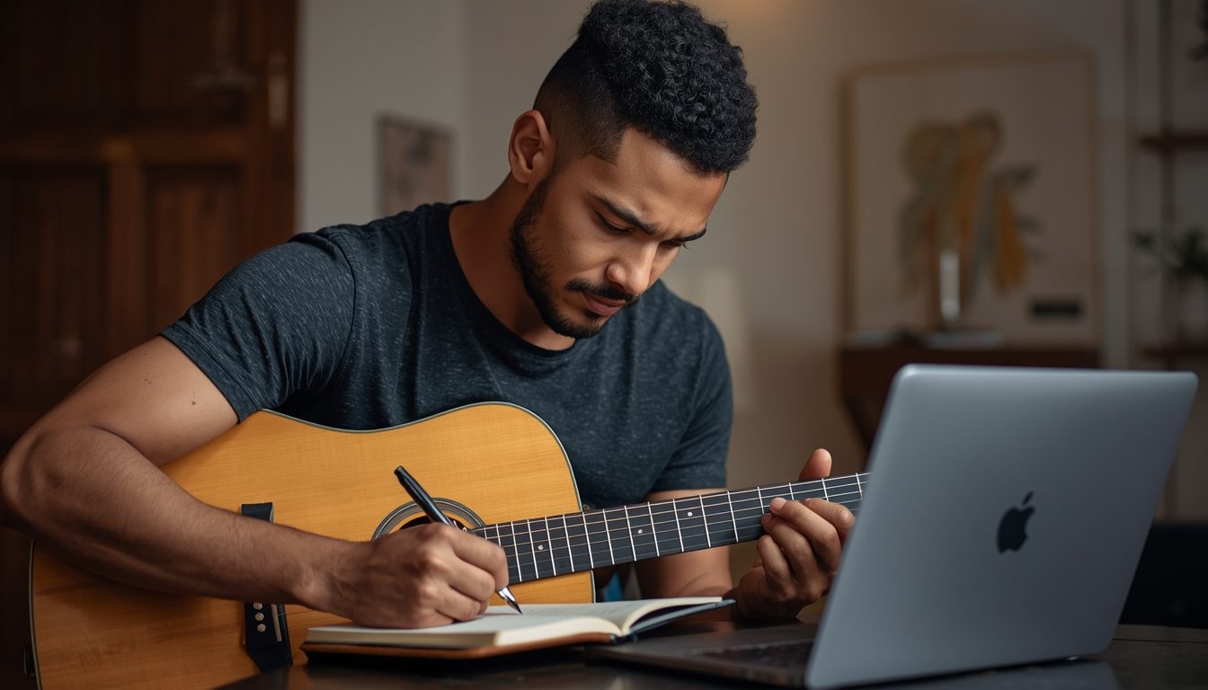 Adult guitar student writing in a practice notebook beside their guitar