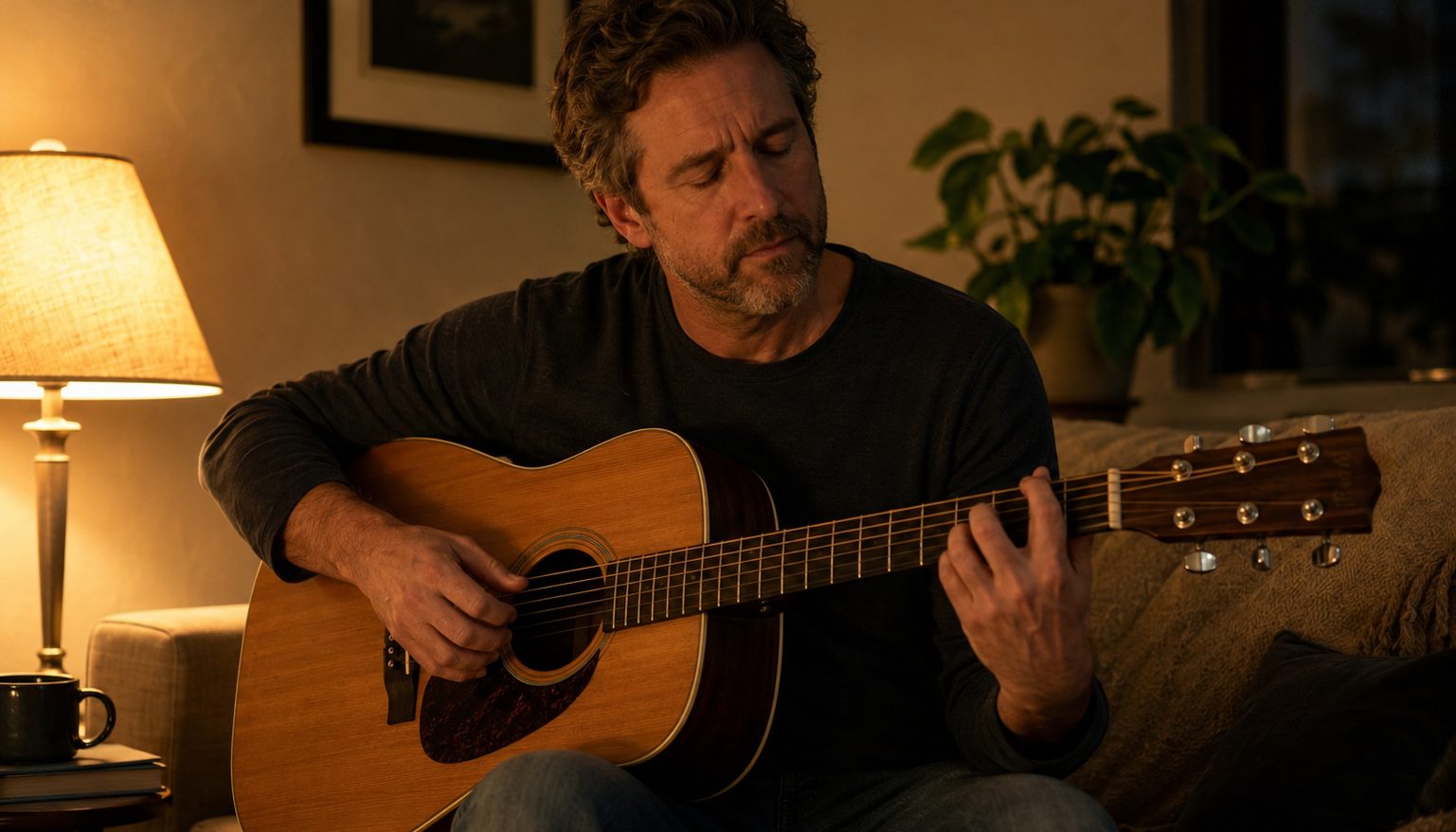 Adult playing acoustic guitar in a calm, meditative practice moment