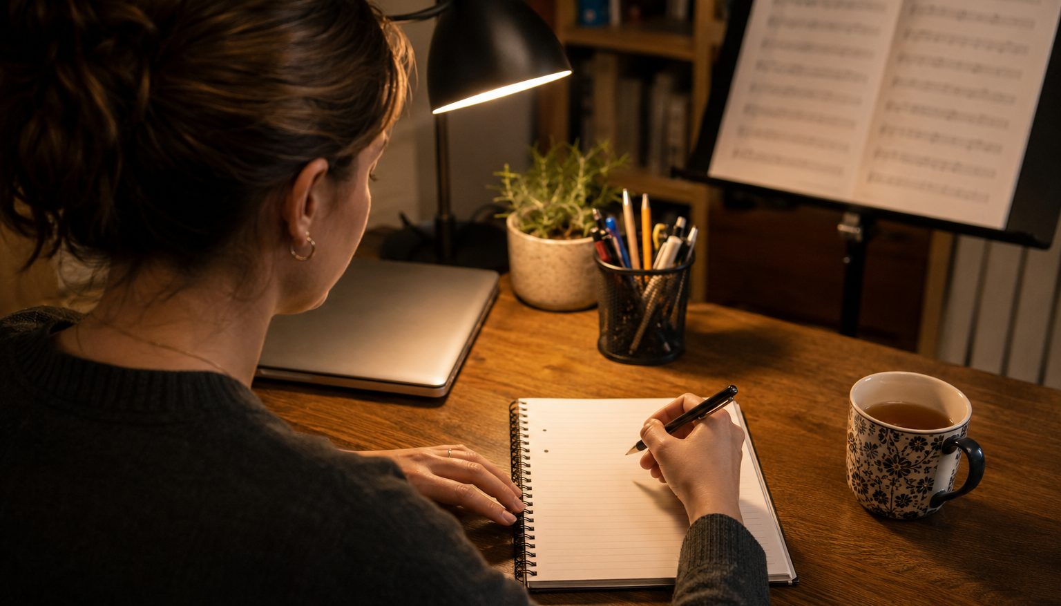 Adult learner during a focused music practice session at home