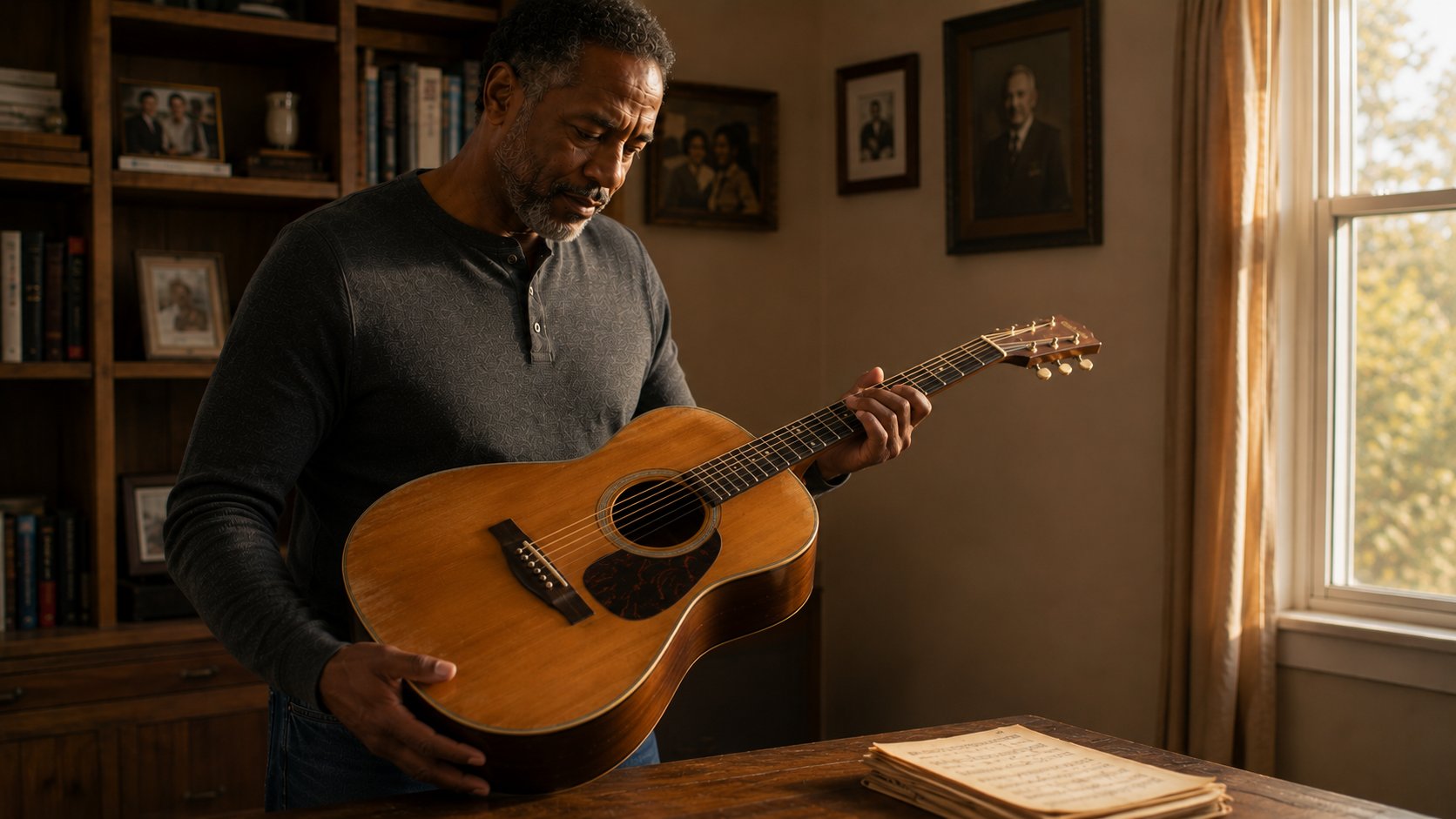 Adult learner reflecting over an old acoustic guitar after years away from music