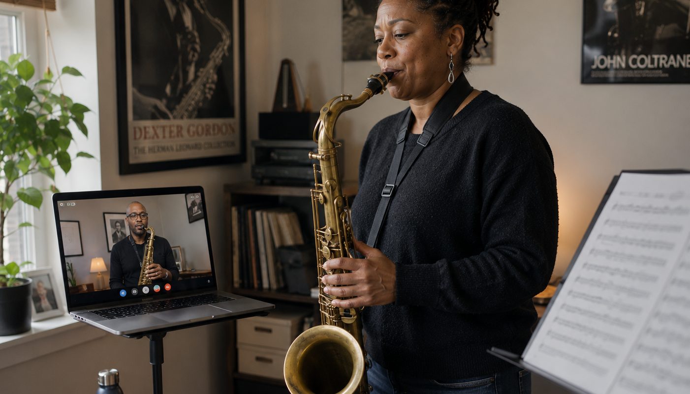 Online saxophone lesson scene with student and teacher on video call