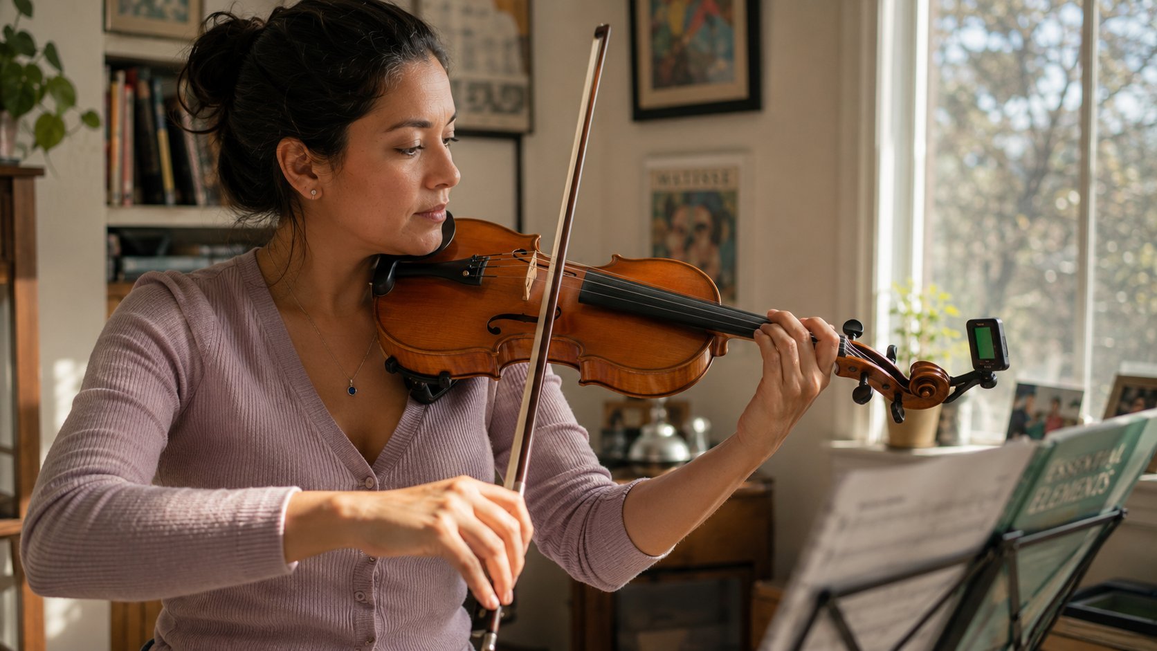 Adult beginner practicing violin alone with bow in a sunlit corner at home