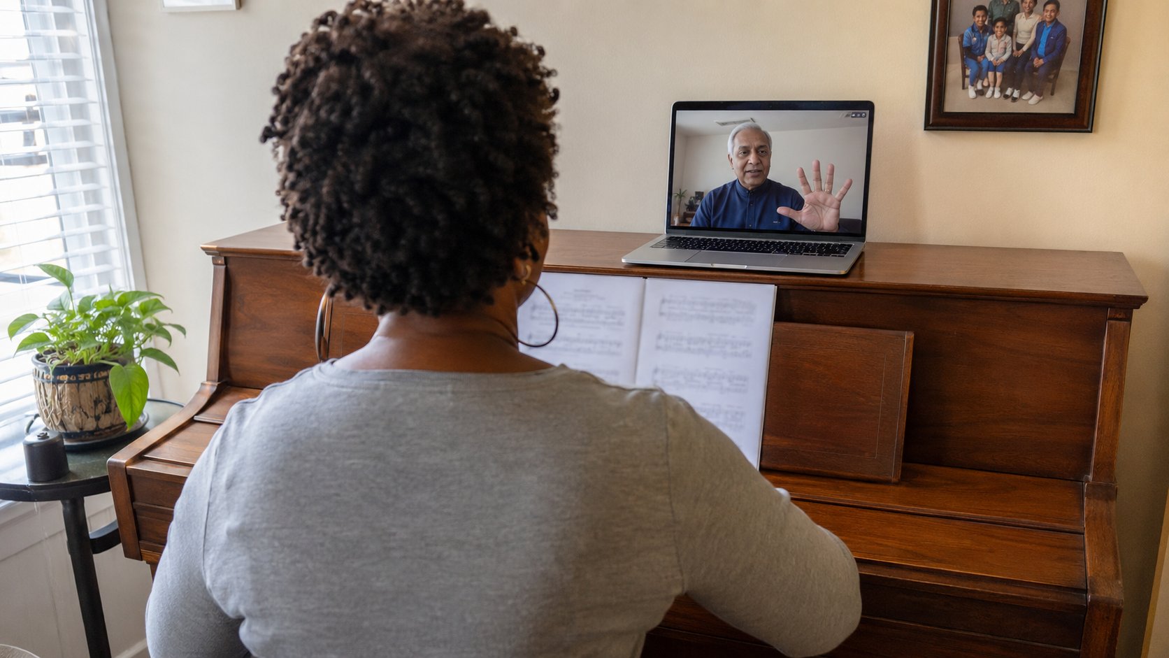 Adult learner in an online piano lesson at home with teacher visible on laptop