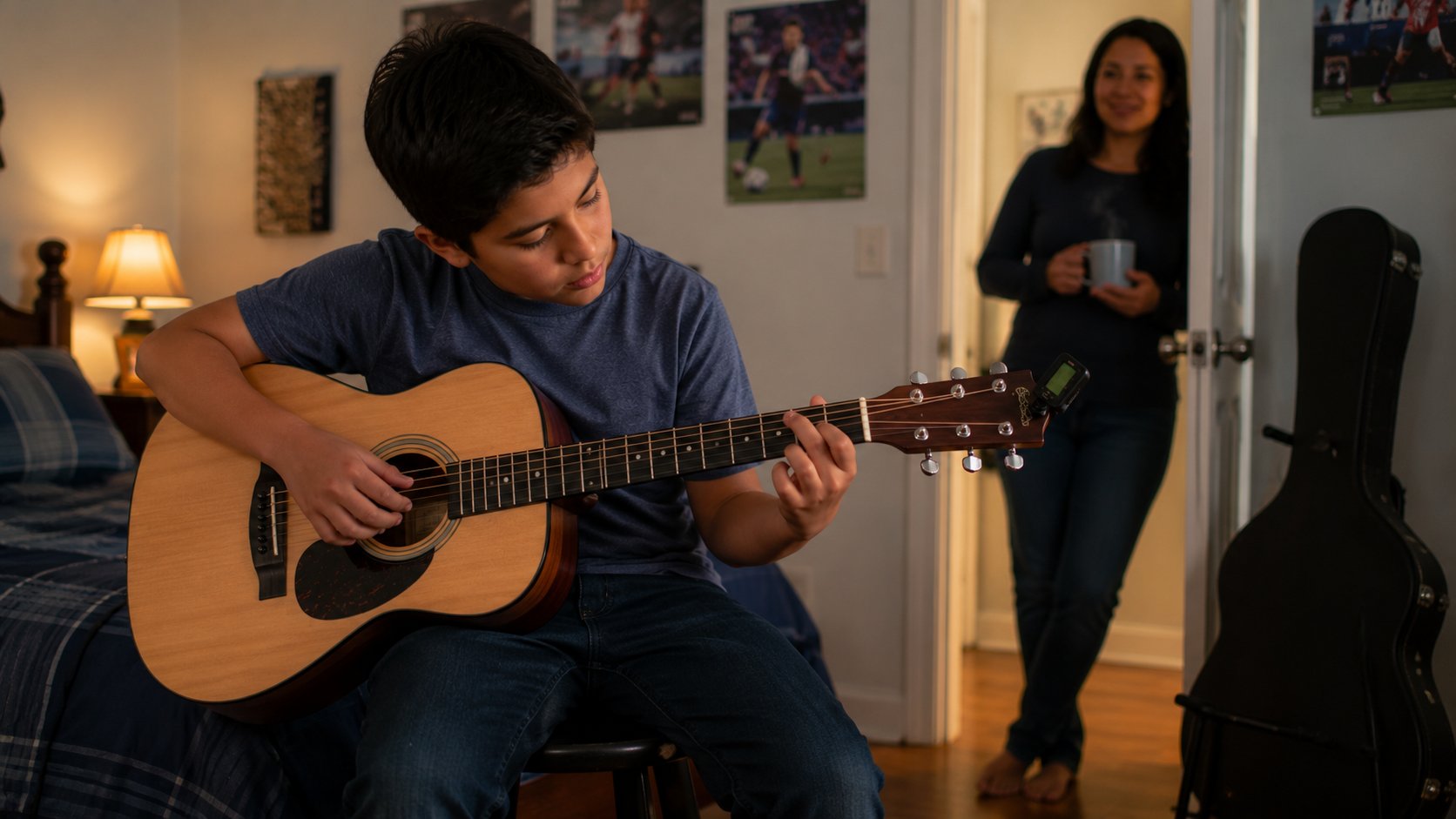 Young child practicing acoustic guitar at home with a parent visible in the background