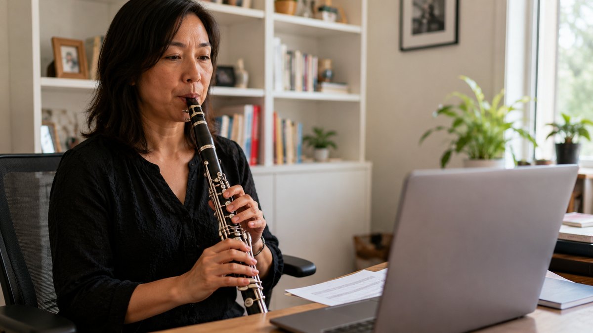 Adult clarinet student in an online lesson at a home desk