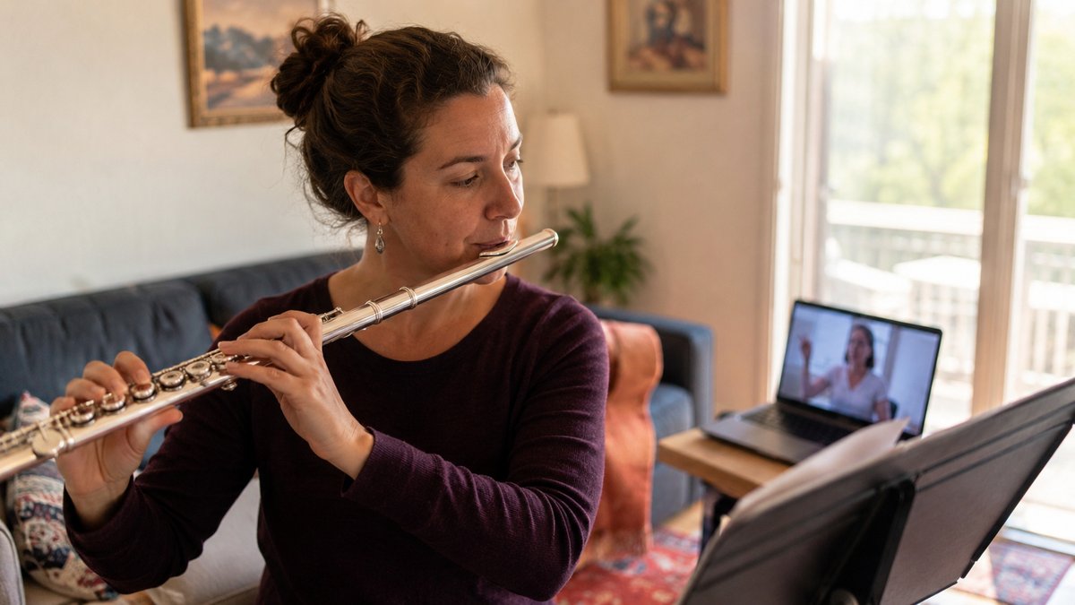 Adult flute student practicing during an online lesson at home