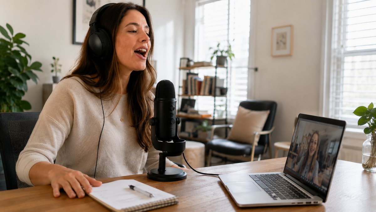 Singer performing into a microphone during an online voice lesson on a laptop
