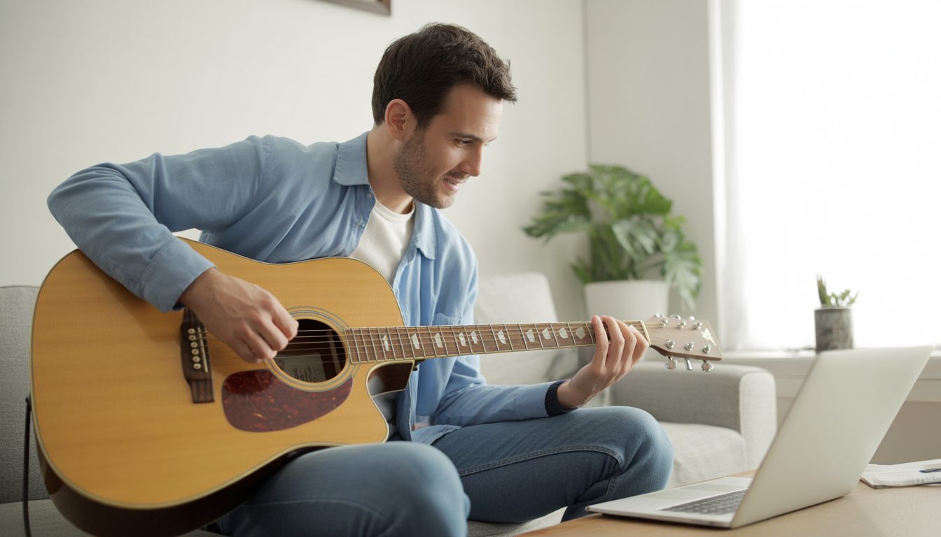 Adult learner during a focused music practice session at home