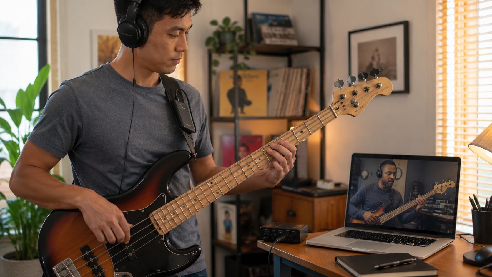 Adult playing a four-string electric bass with headphones during an online lesson