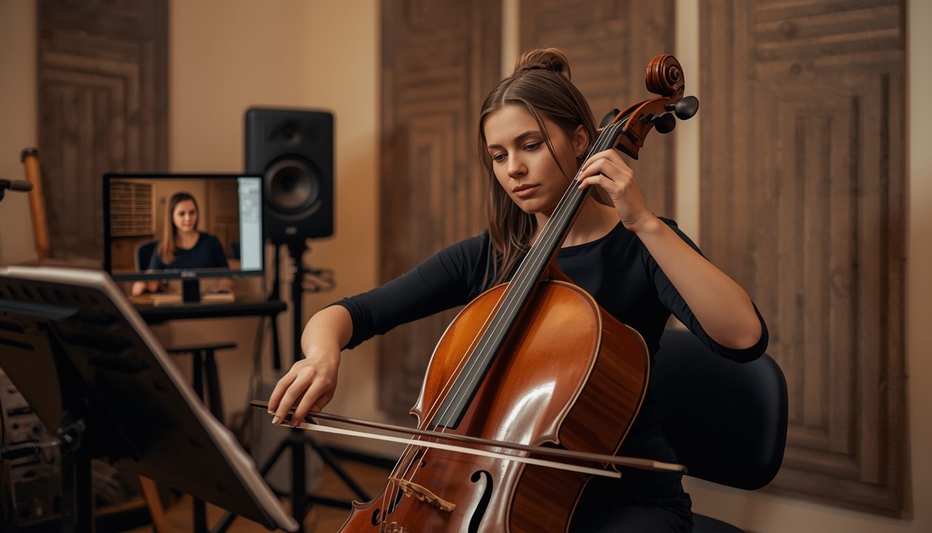 Adult cellist taking an online cello lesson in a home studio