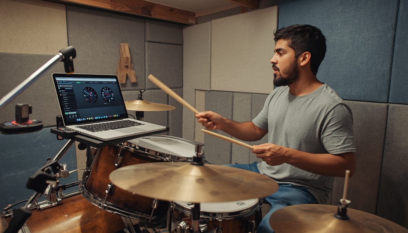 Adult taking an online drum lesson in a finished basement on an electronic kit
