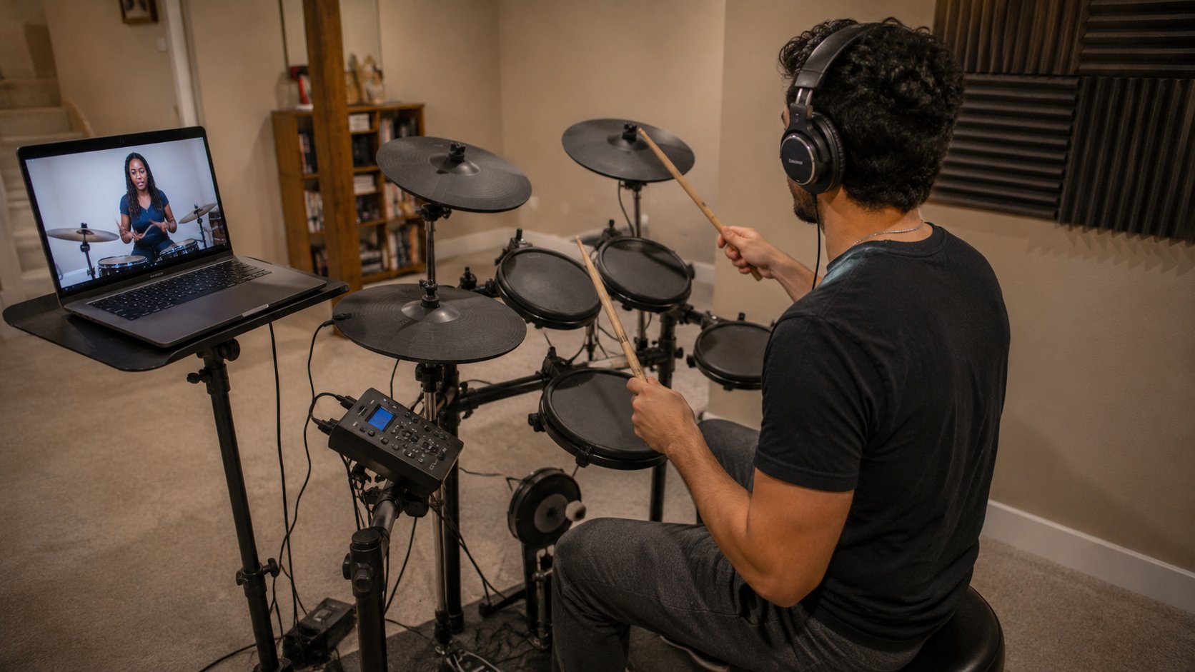 Adult playing an electronic drum kit at home during an online drum lesson