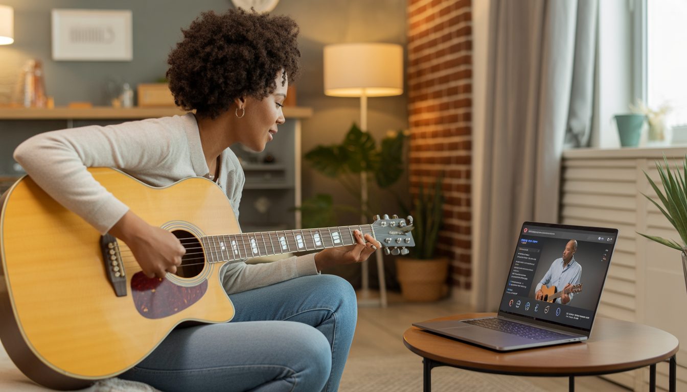 Adult learner during a focused music practice session at home