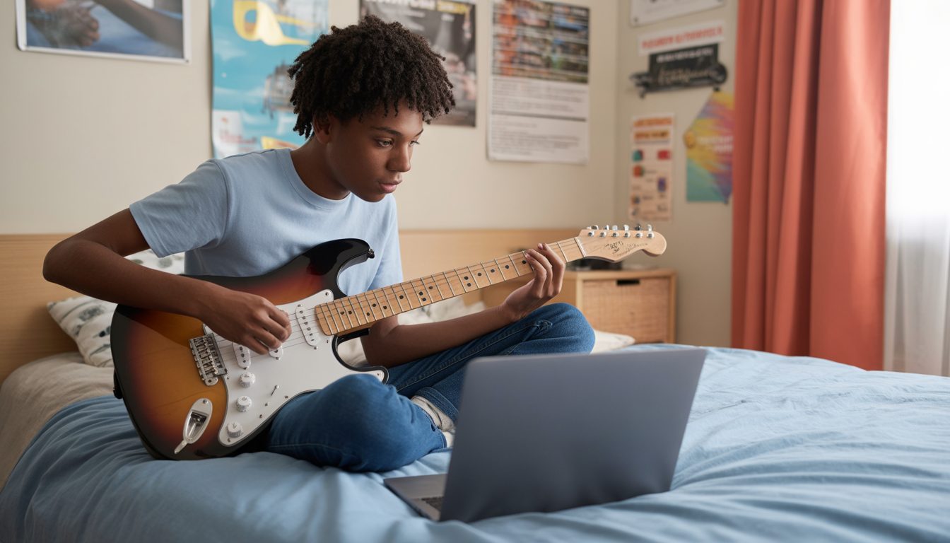 Adult learner taking an online acoustic guitar lesson from home