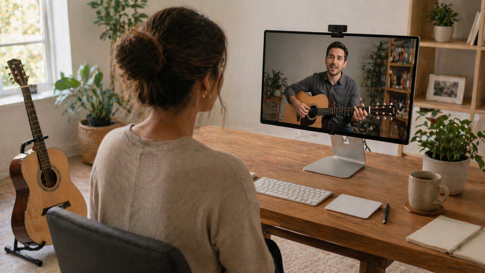 Online guitar lesson scene with student and teacher on video call