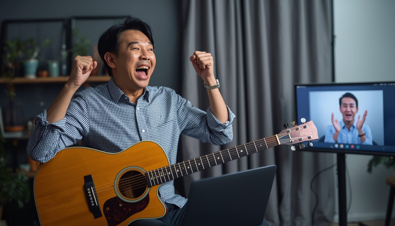 Adult learner during a focused music practice session at home