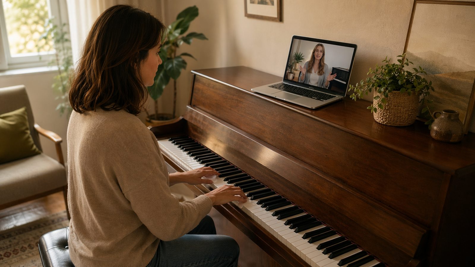Online piano lesson scene with student and teacher on video call