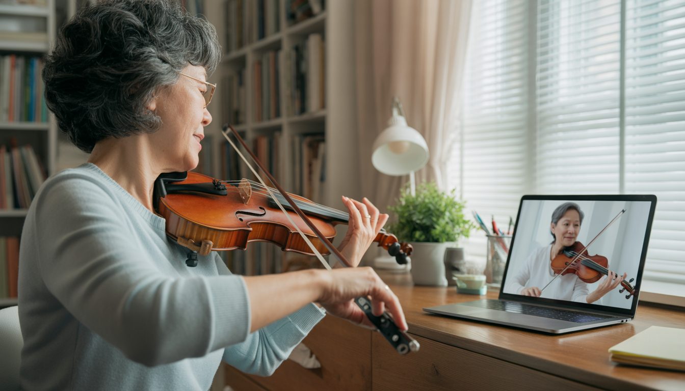 Music teacher and student connecting during an online lesson
