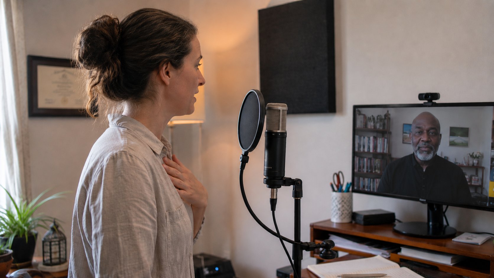 Adult singer at a home microphone during an online voice lesson with teacher on monitor