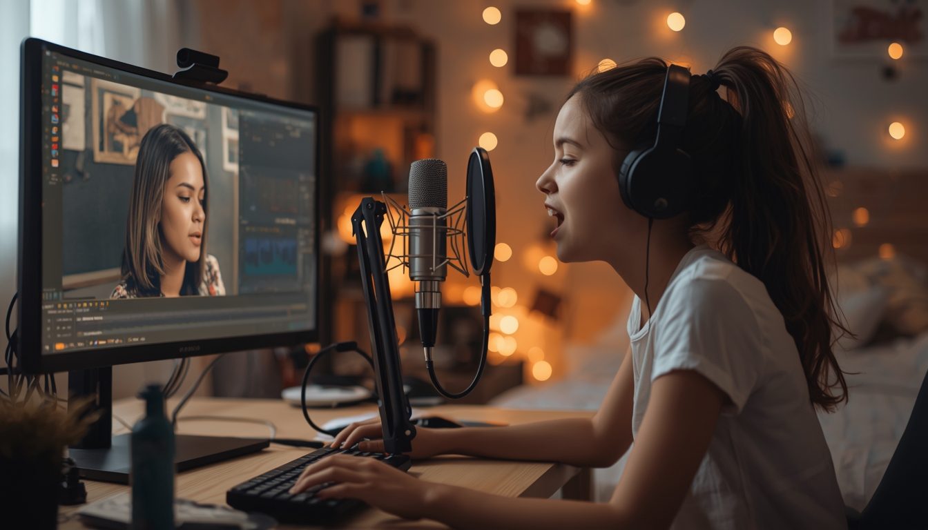 Teen taking an online voice lesson in their bedroom