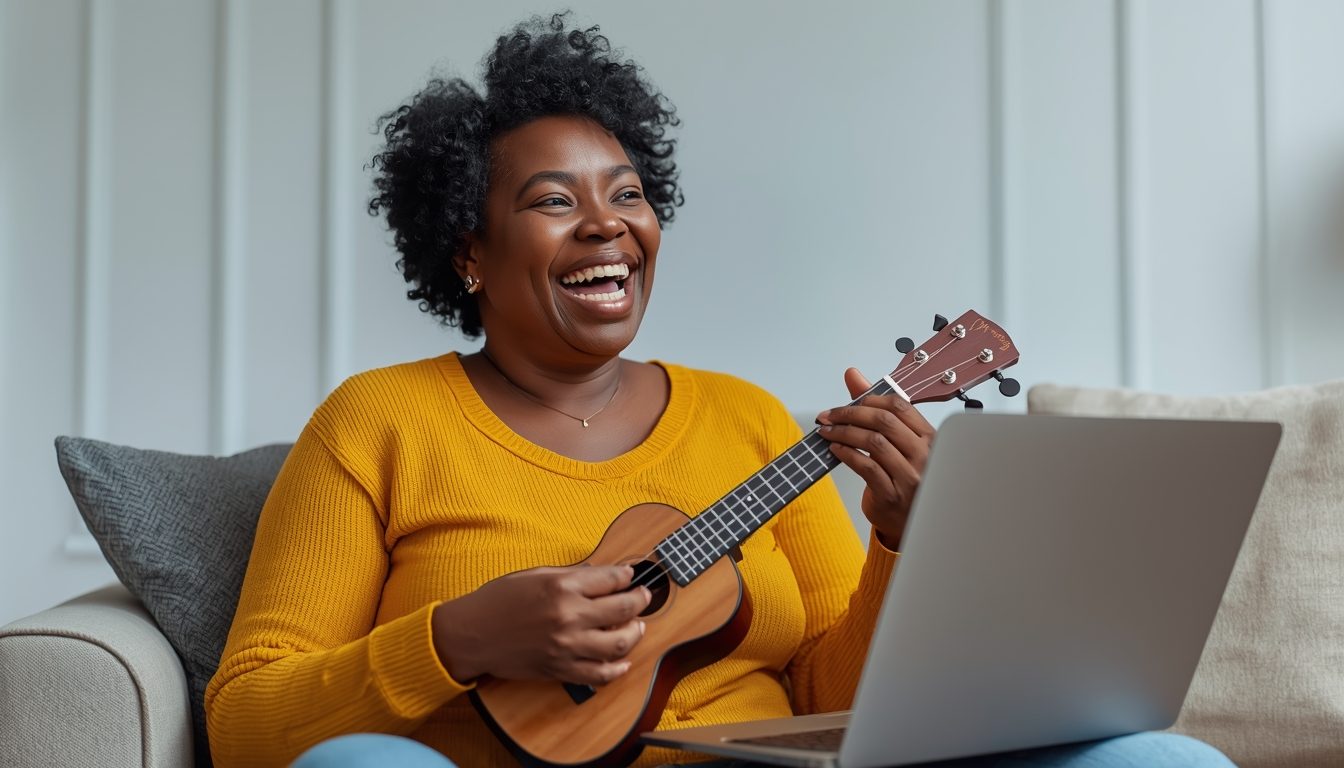 Older adult learning ukulele for the first time on a patio