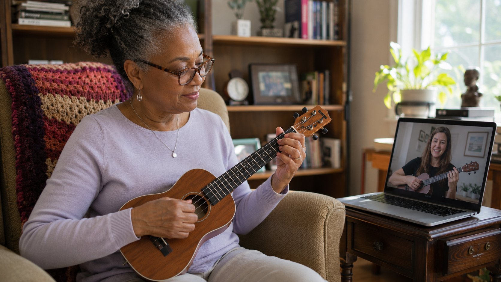 Older adult learner playing ukulele in an armchair during an online music lesson