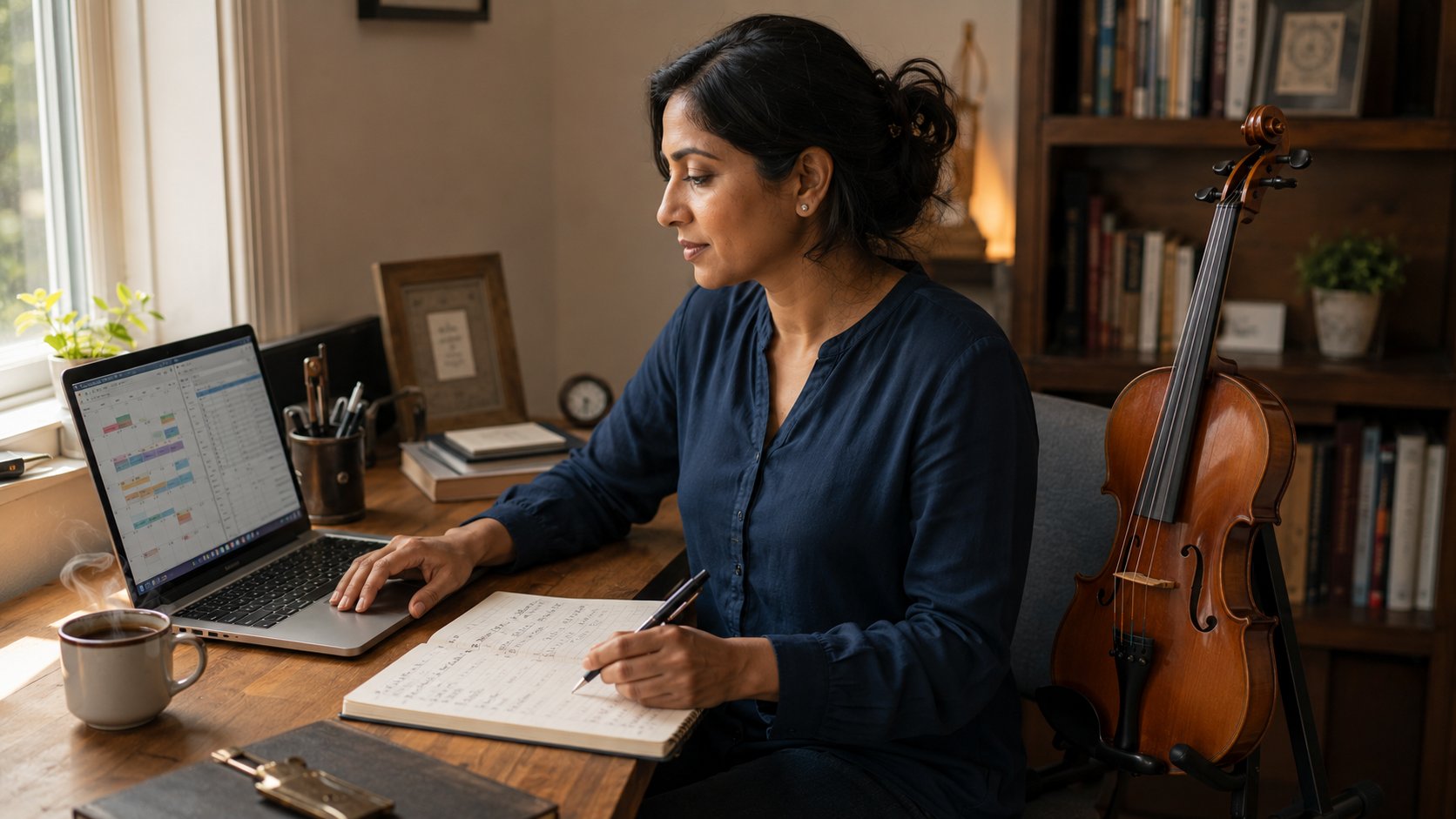 Music teacher reviewing schedule and student plans at a desk with violin nearby