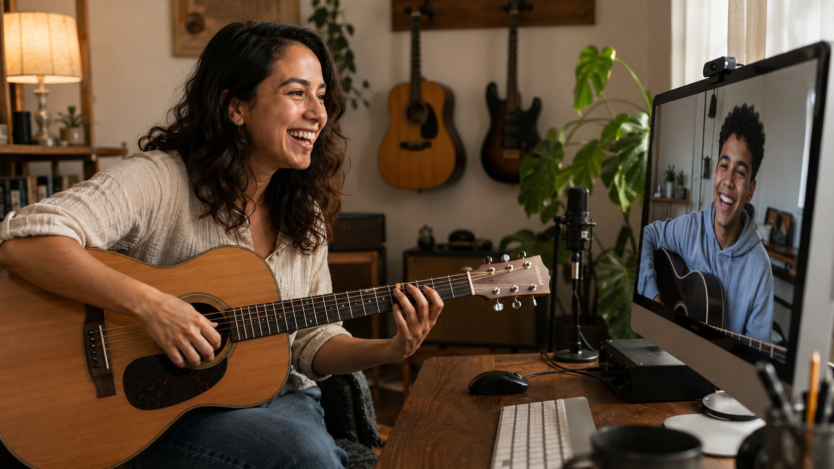 Music teacher laughing warmly with a student during an online guitar lesson