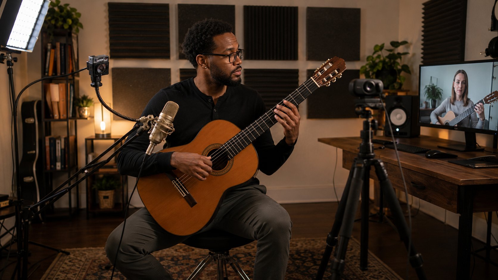 Online music teacher's studio with classical guitar, condenser microphone, and webcam