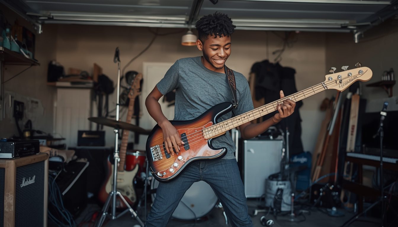 Online bass guitar lesson scene with student and teacher on video call