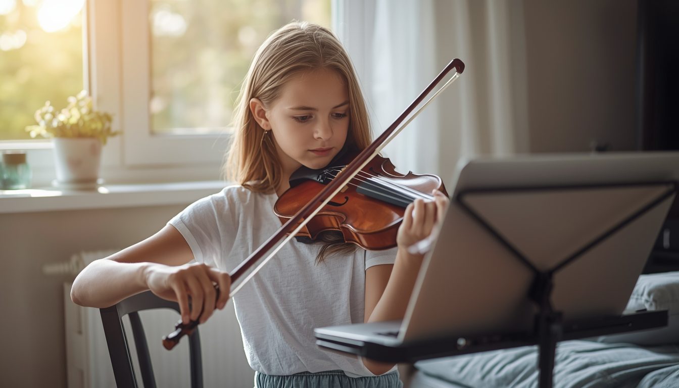 Teen girl practicing violin during an online lesson