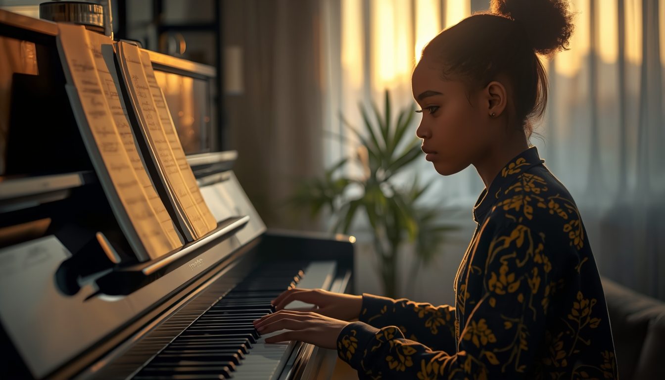 Teen practicing piano in soft morning light by a window
