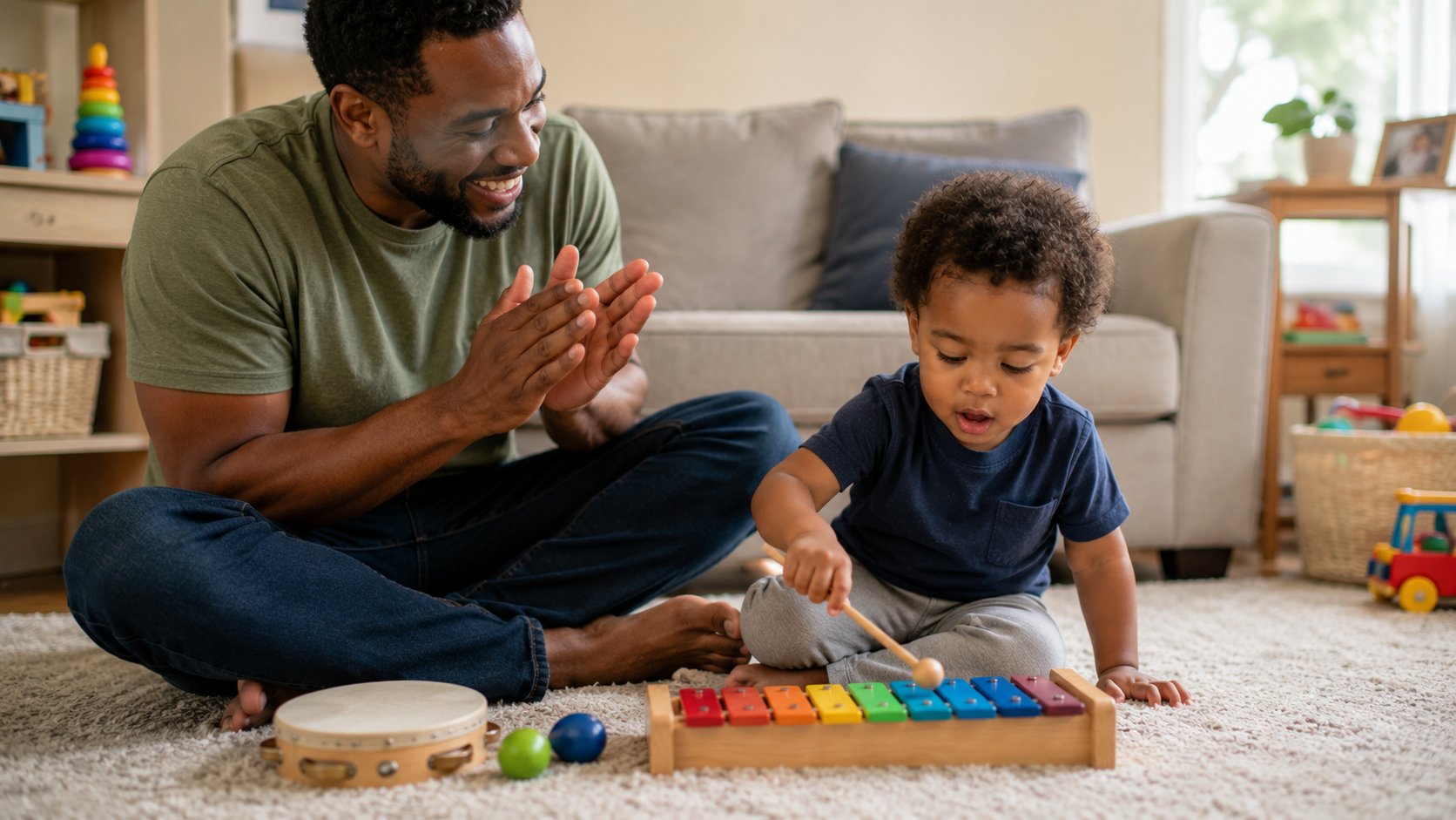 Parent and toddler exploring music together with a small wooden xylophone