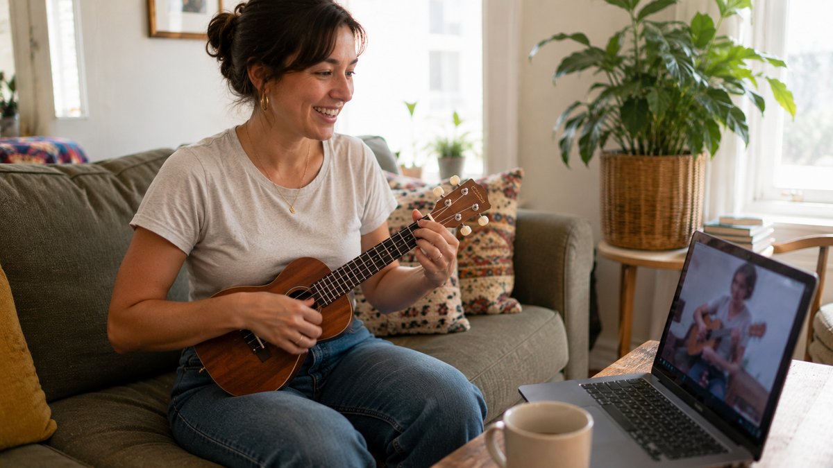 Adult ukulele beginner strumming during an online lesson