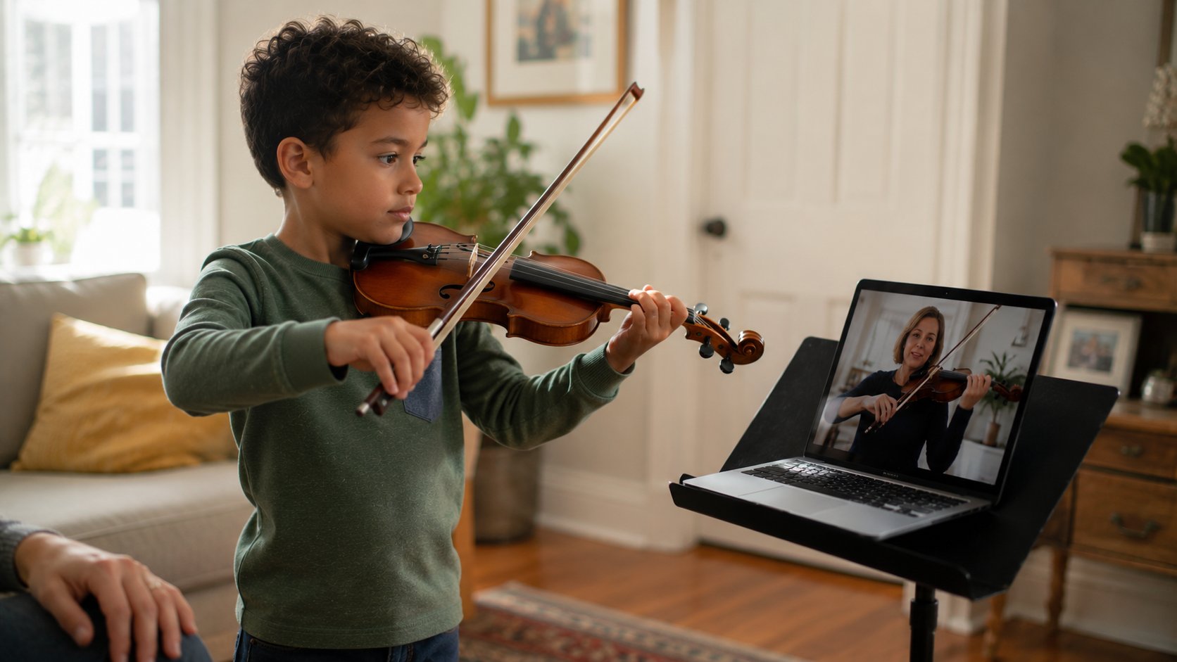 Young child playing a three-quarter size violin during an online lesson