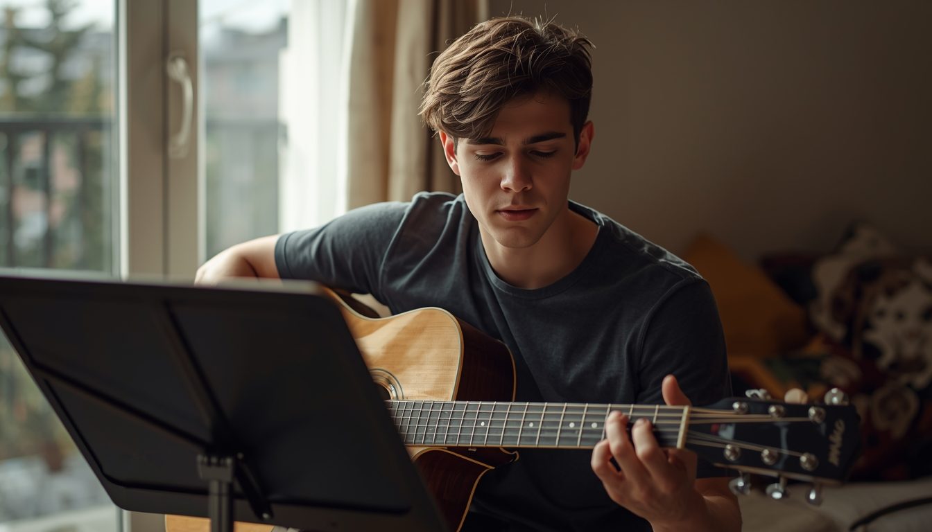 Young man practicing acoustic guitar at home in a focused, self-taught moment