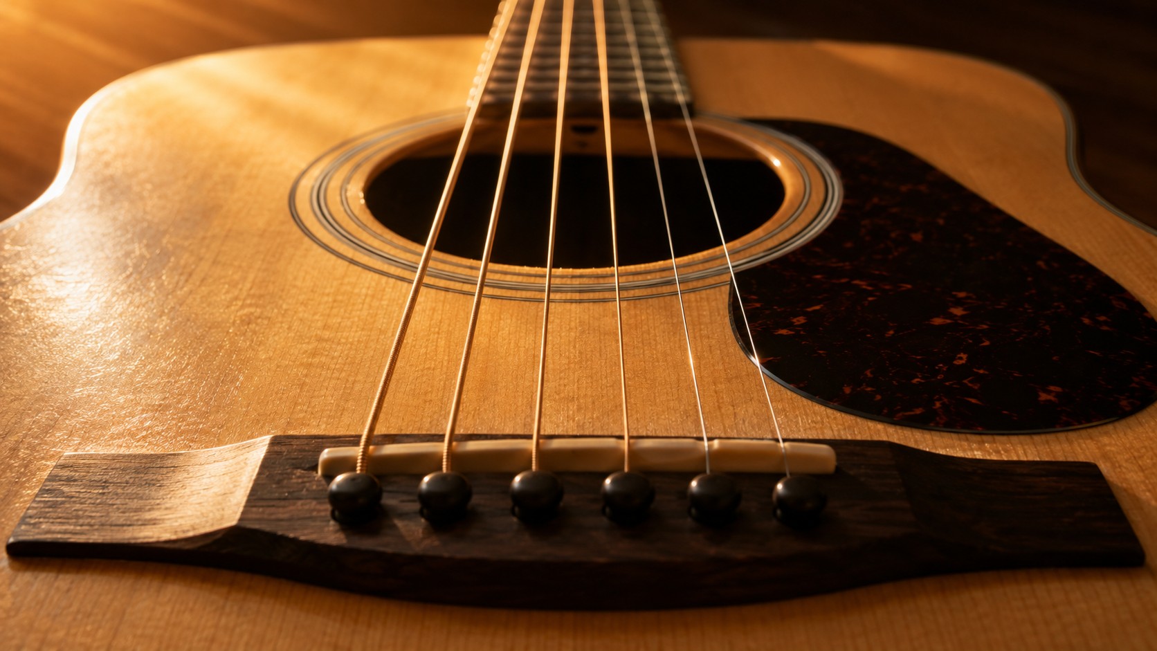 Close-up of an acoustic guitar's strings and soundhole in warm sunlight
