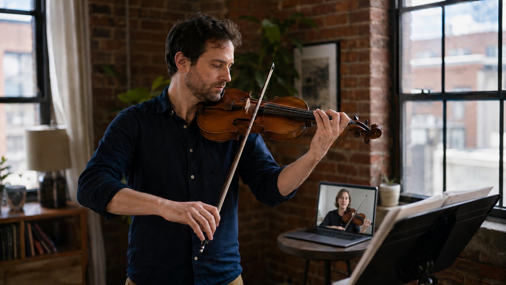 Adult student practicing violin during an online lesson in a loft apartment