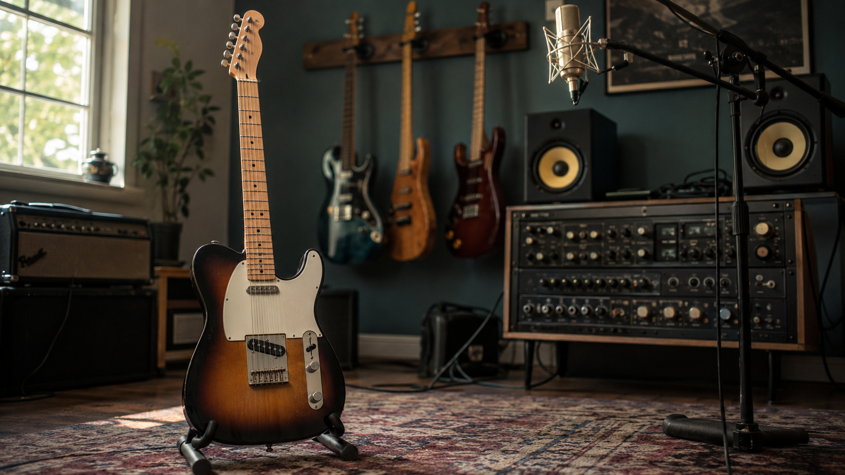A home music corner with a sunburst Telecaster on a stand, more electric guitars on a wall rack, studio monitors and a microphone
