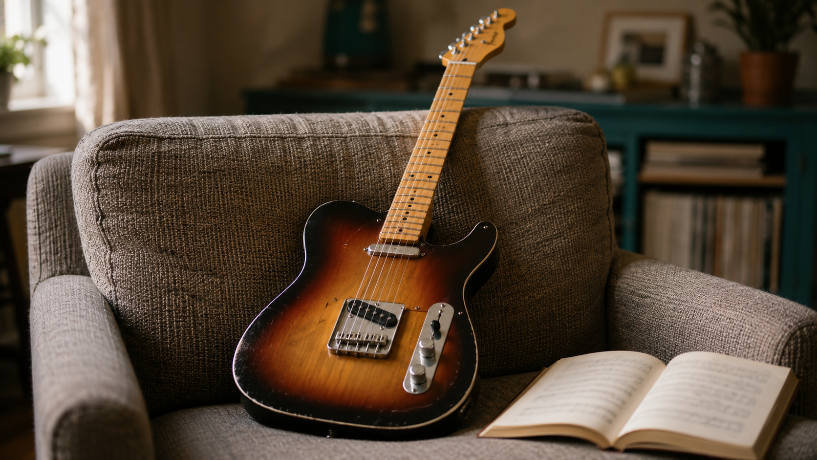 A sunburst Telecaster-style electric guitar resting on an armchair beside an open songbook in warm afternoon light