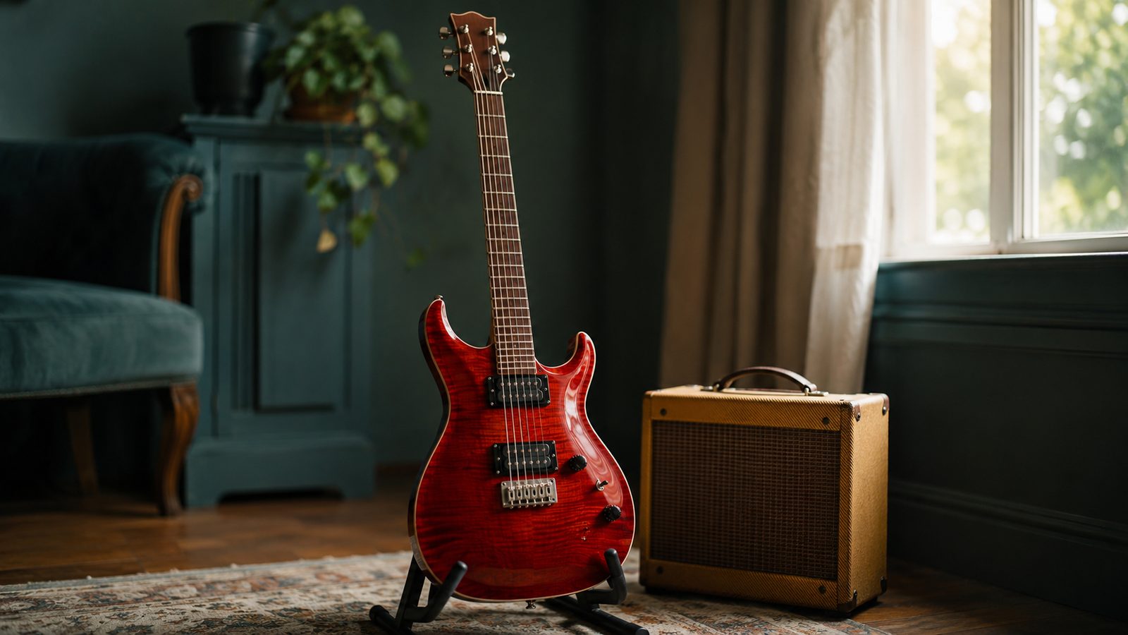 A red electric guitar on a stand beside a tweed amplifier in a warmly lit home practice corner
