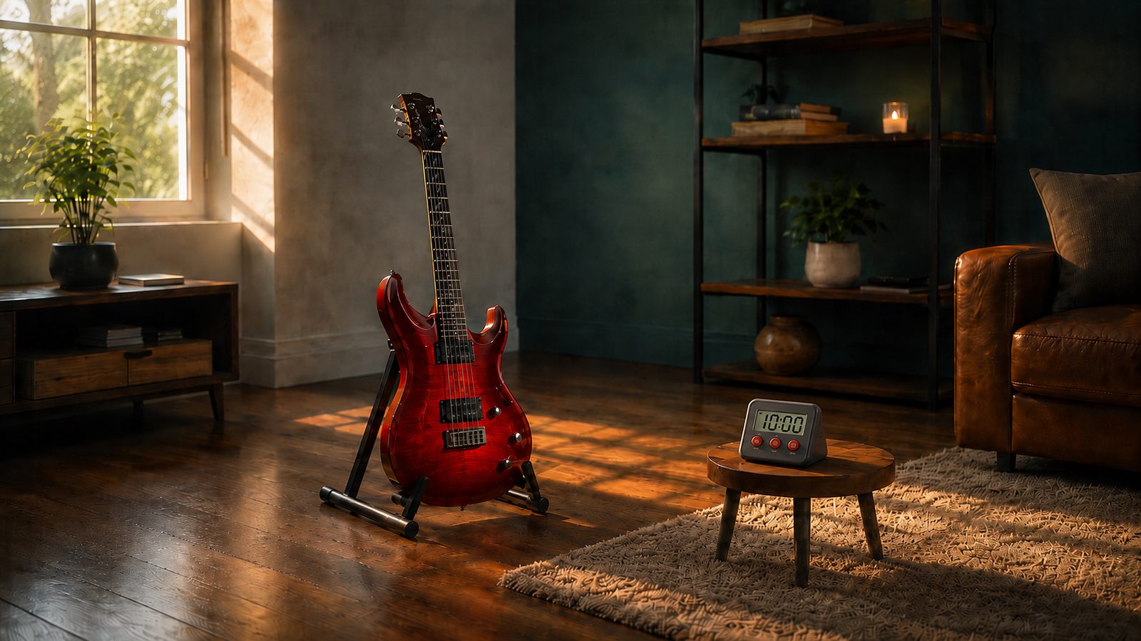 A red electric guitar resting on a stand beside a small digital practice timer in warm natural light