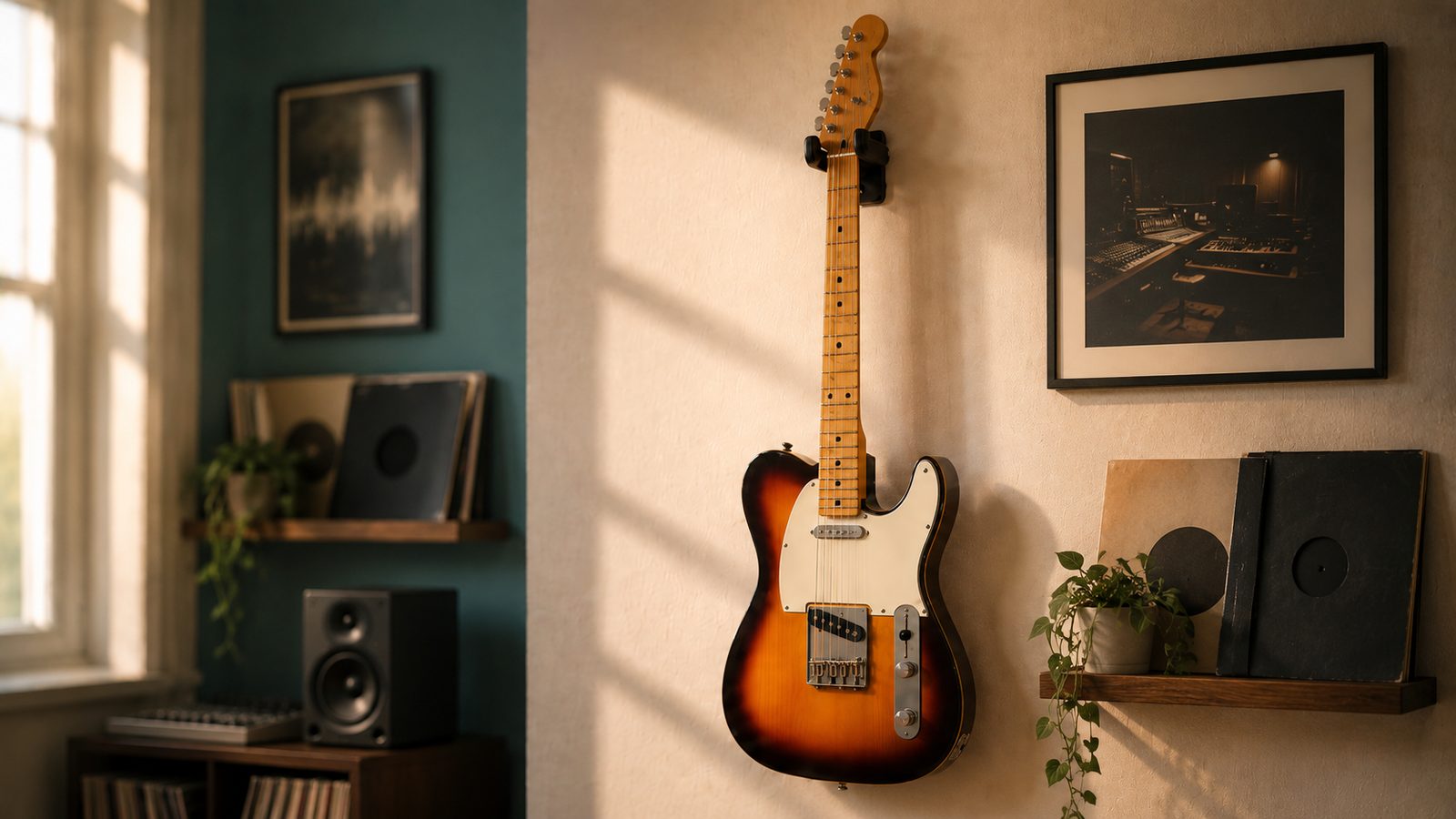 A sunburst electric guitar mounted on a wall hanger in a warmly lit room, viewed at a shallow angle