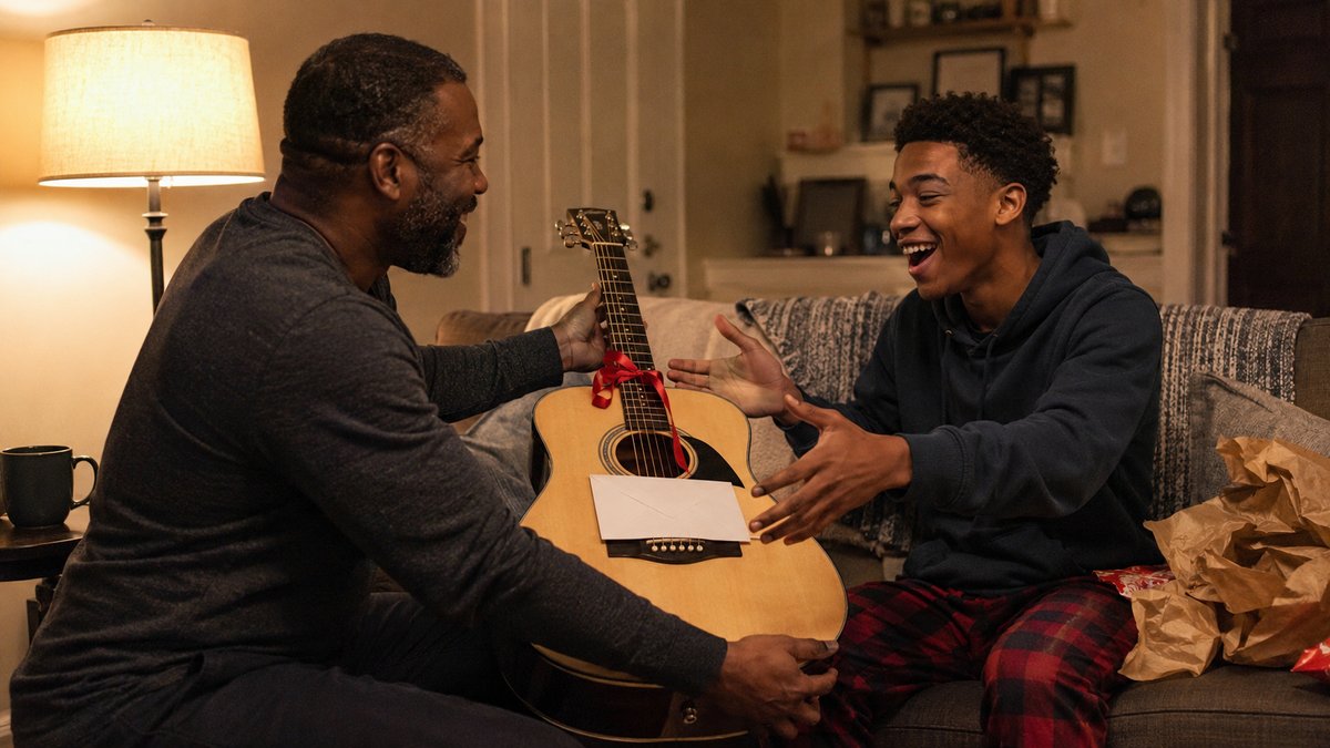 Father hands his teenage son a ribbon-wrapped acoustic guitar in a warm living room