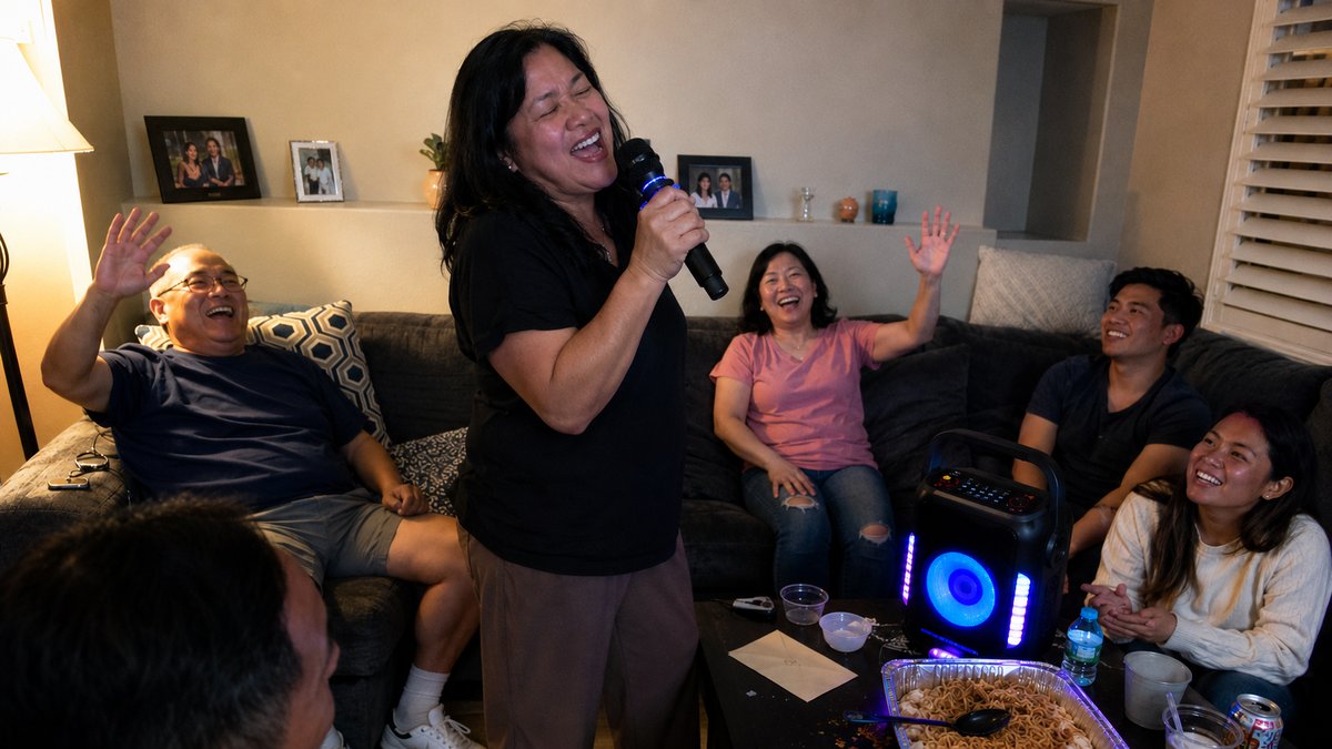 Laughing woman sings into a karaoke microphone while her family cheers in a cozy living room