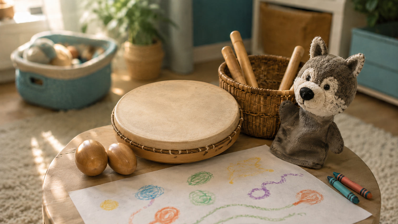 A warm child's music corner with a small hand drum, wooden egg shakers, rhythm sticks, a felt puppet, and a sheet of crayon-drawn musical shapes in so