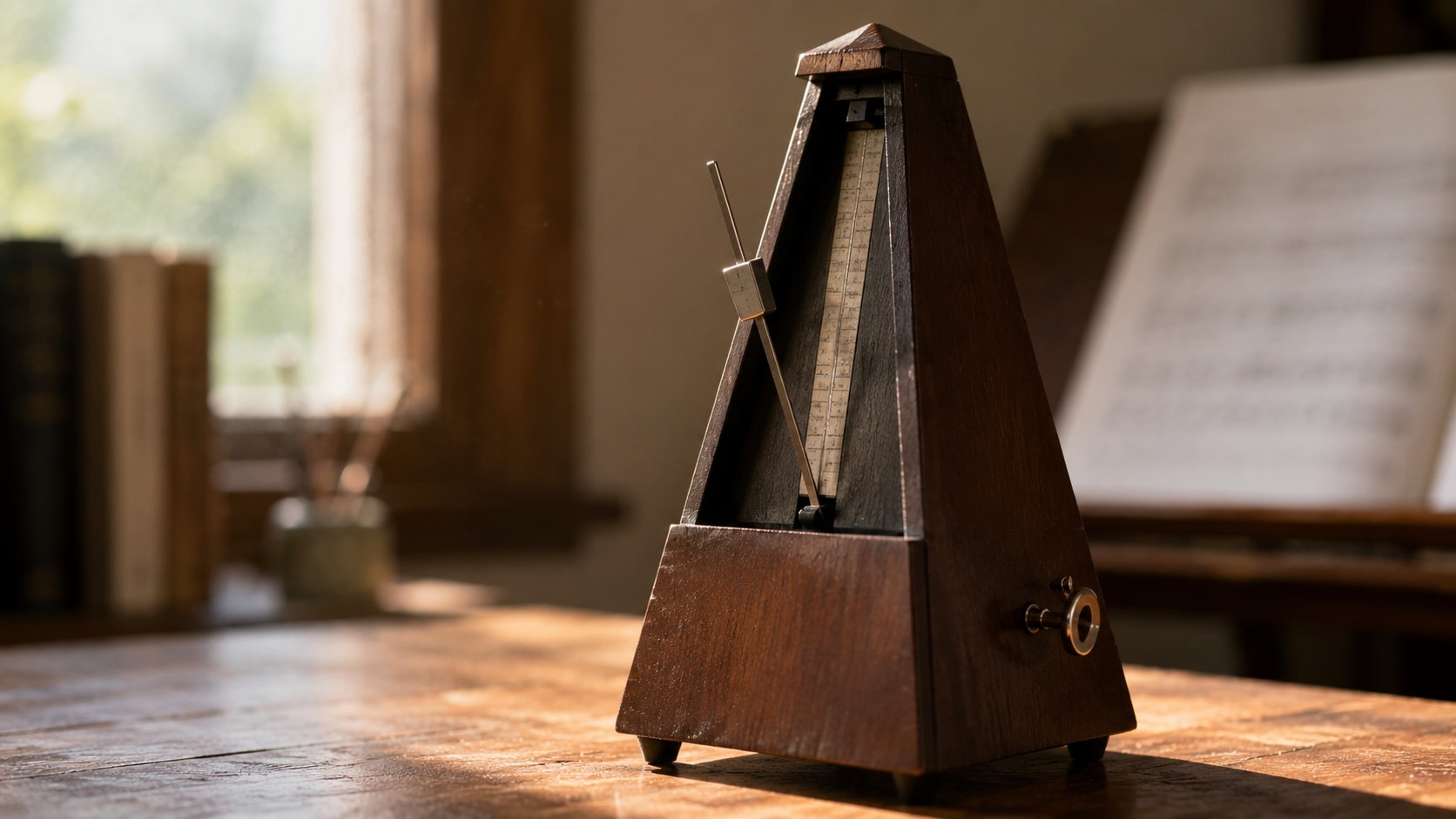 Mechanical metronome beside a music stand